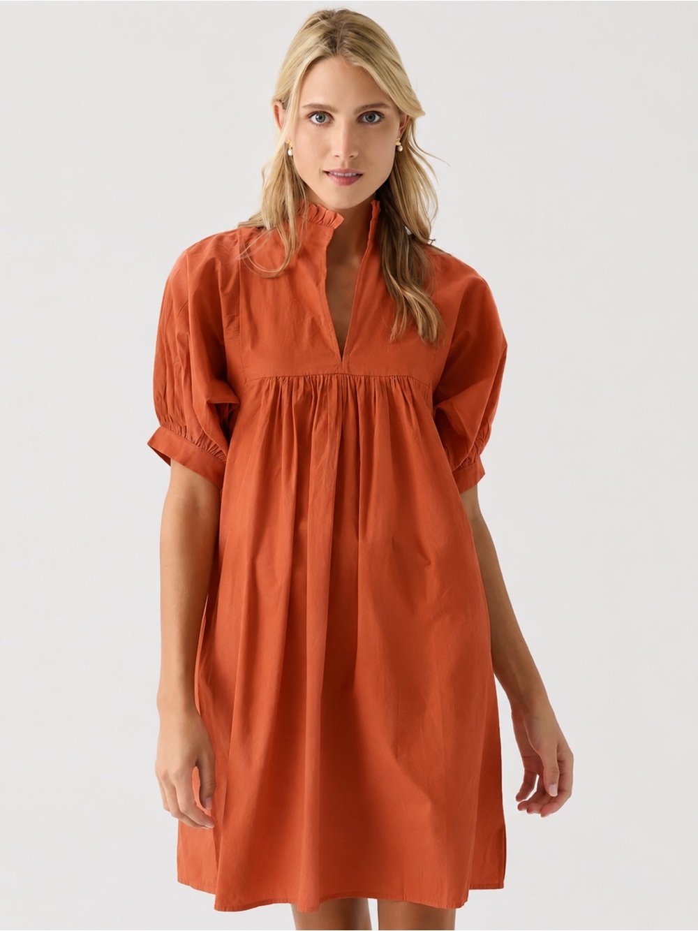 Never A Wallflower High Ruffle Poplin Babydoll Mini Dress Burnt Orange Size M